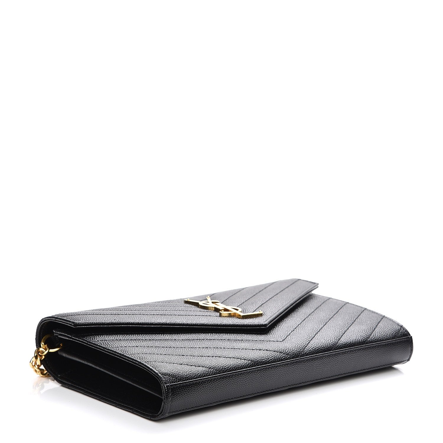 Saint Laurent Grain De Poudre Matelasse Chevron Medium Monogram Chain Wallet Black 4 of 6