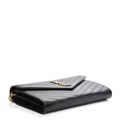 Saint Laurent Grain De Poudre Matelasse Chevron Medium Monogram Chain Wallet Black 4 of 6