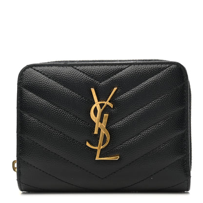 Saint Laurent Grain De Poudre Matelasse Chevron Monogram Compact Zip Around Wallet Black 1 of 7