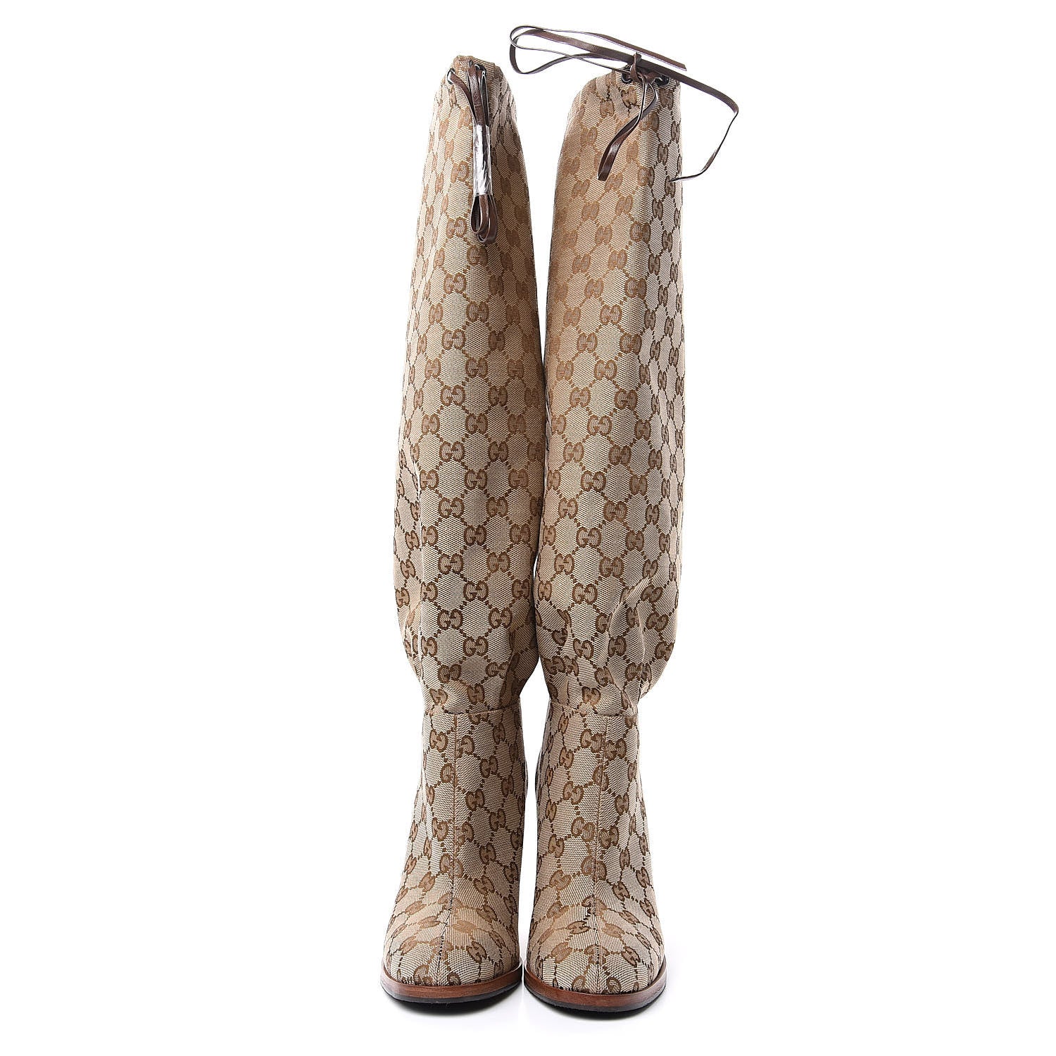 Gucci Monogram Lisa Mid Heel Boots 37.5 Beige Ebony 2 of 9