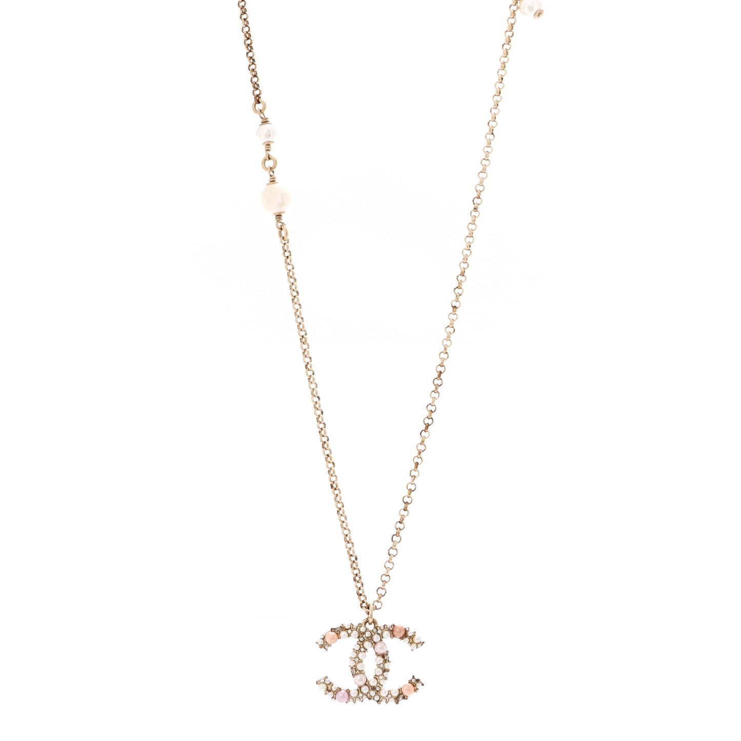 Crystal Pearl CC Pendant Necklace Gold Pink