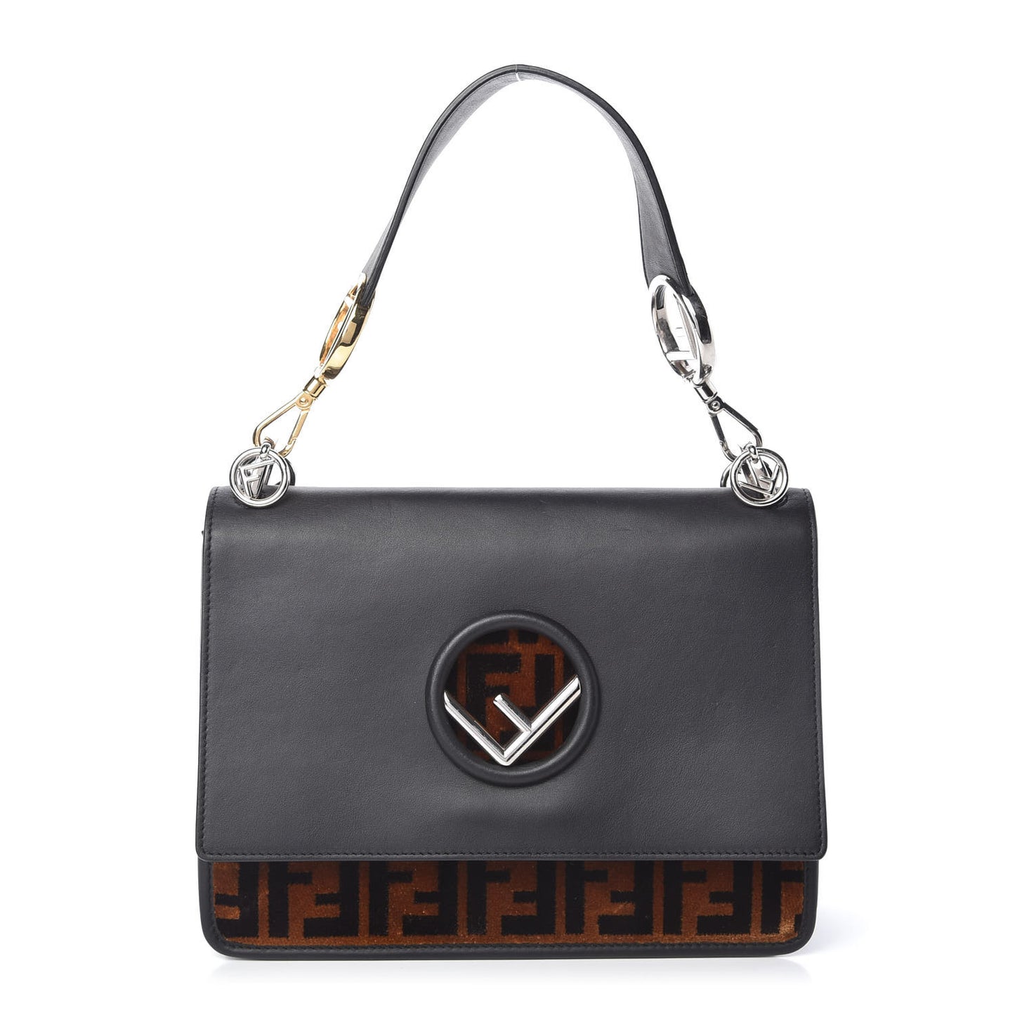 Vitello Century Velvet F is Fendi FF Kan I Shoulder Bag Black Tobacco