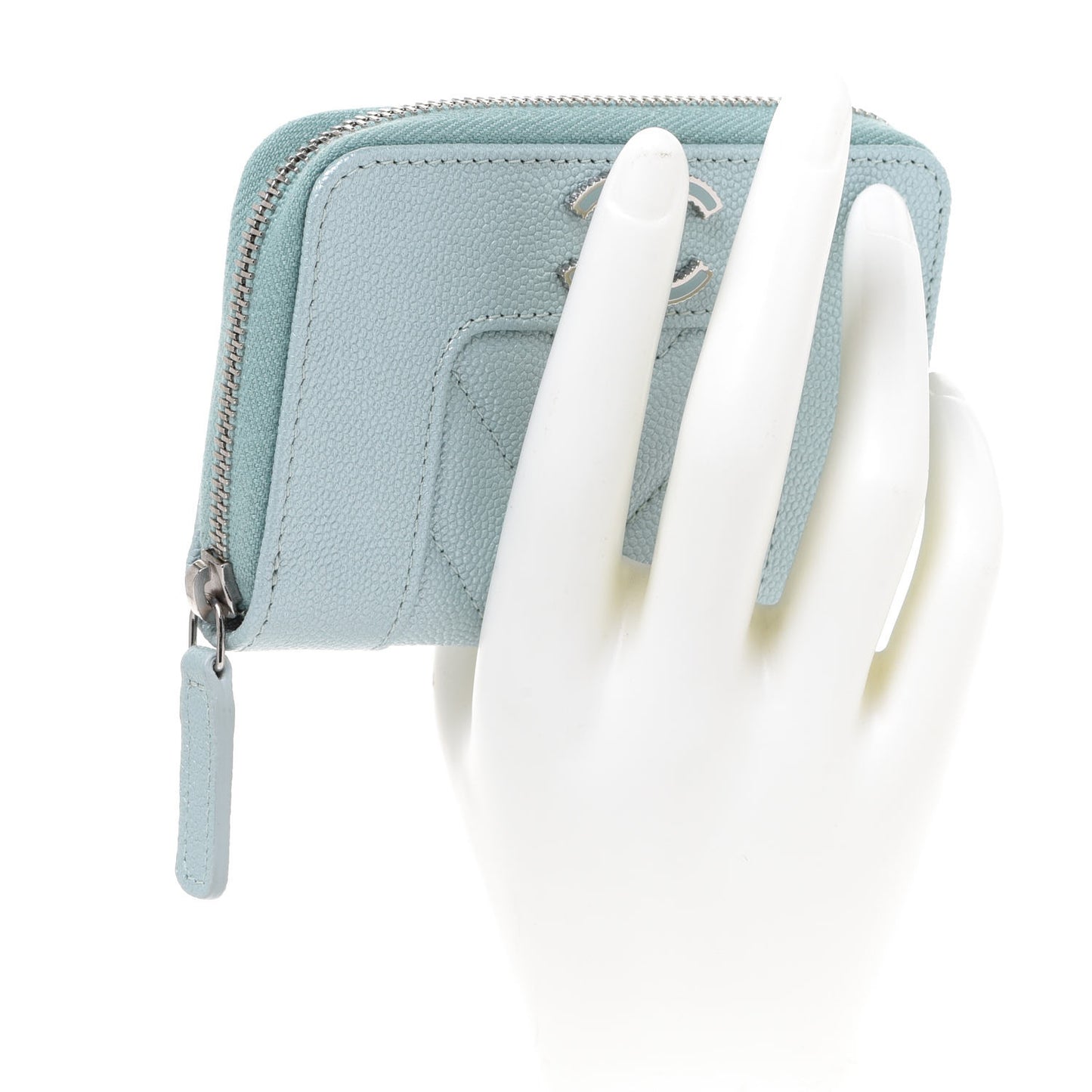 Metallic Caviar Chevron Quilted Vintage Mademoiselle Zip Coin Purse Light Blue