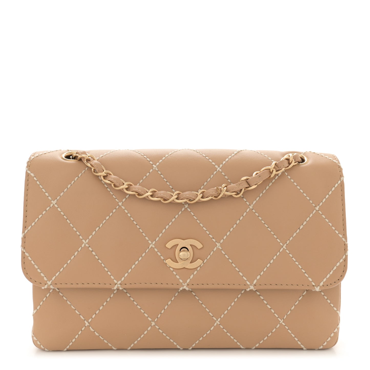 Calfskin Quilted Medium Wild Stitch Flap Beige
