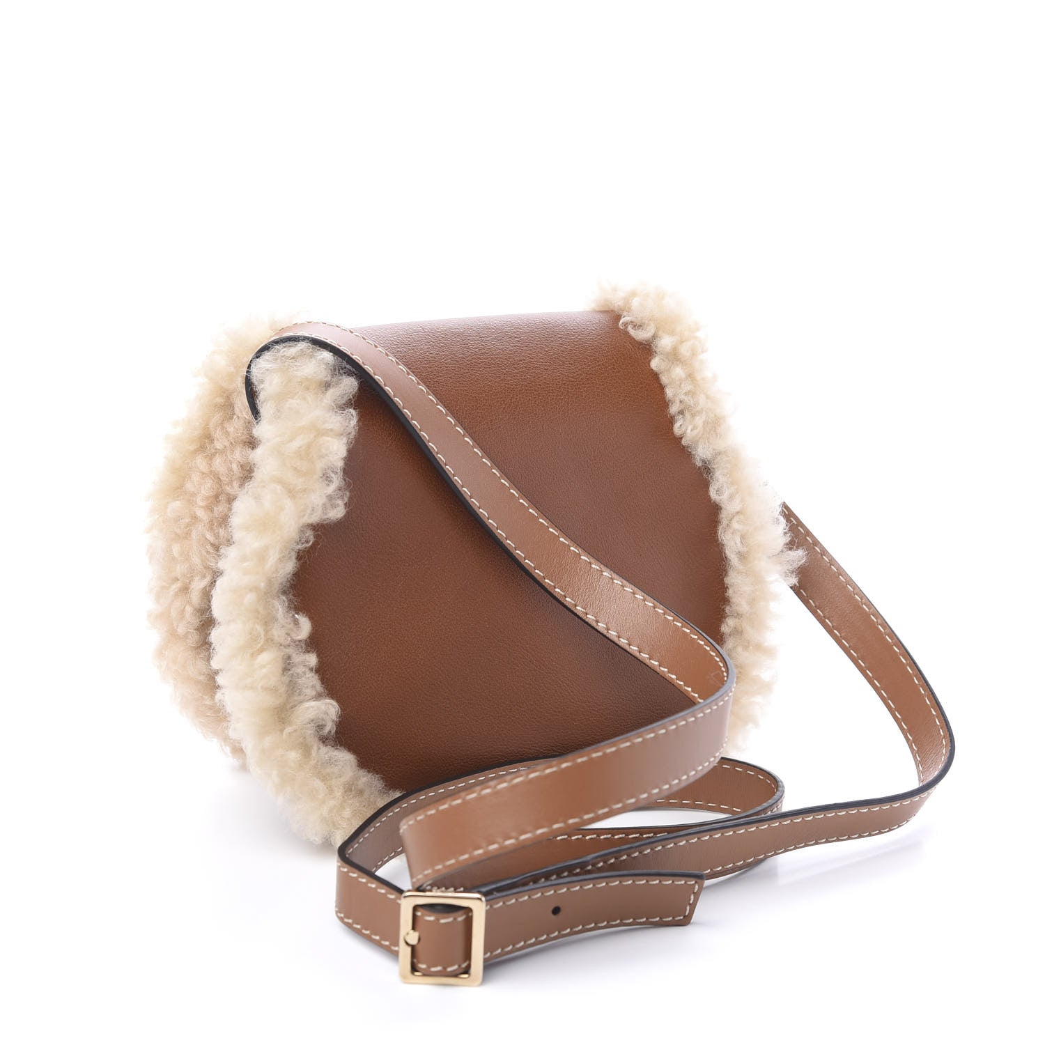 Chloe Small Grain Shiny Calfskin Shearling Small Marcie Round Crossbody Bag Caramel 2 of 8
