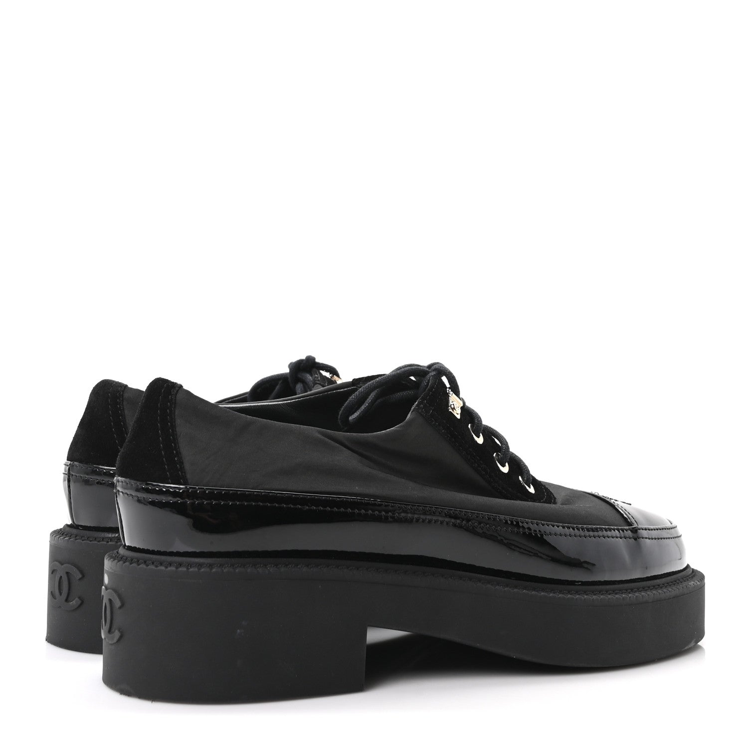 Chanel Nylon Suede Patent Calfskin CC Captoe Lace Up Oxfords 39.5 Black 5 of 10