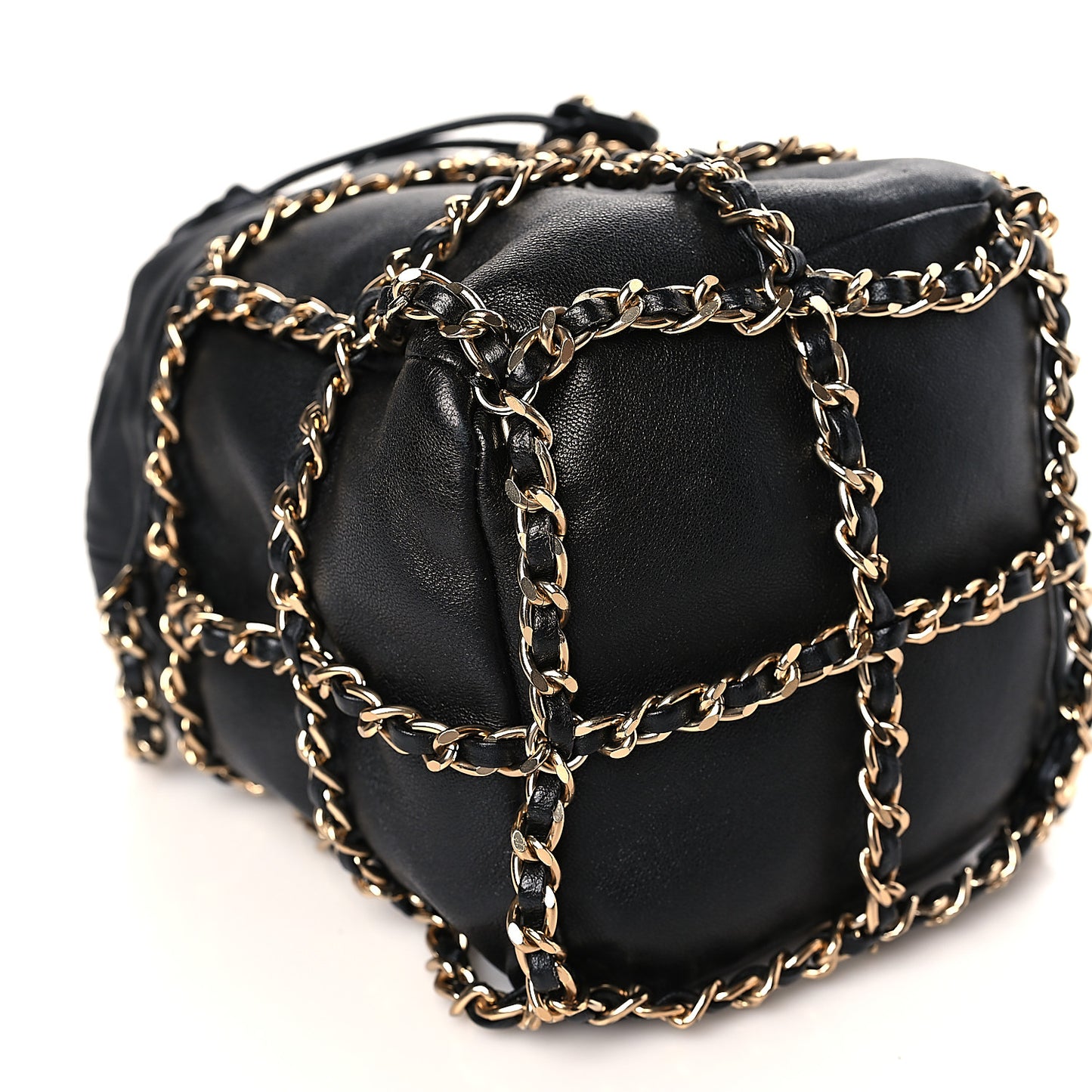 Lambskin Bucket Chain Drawstring Bag Black