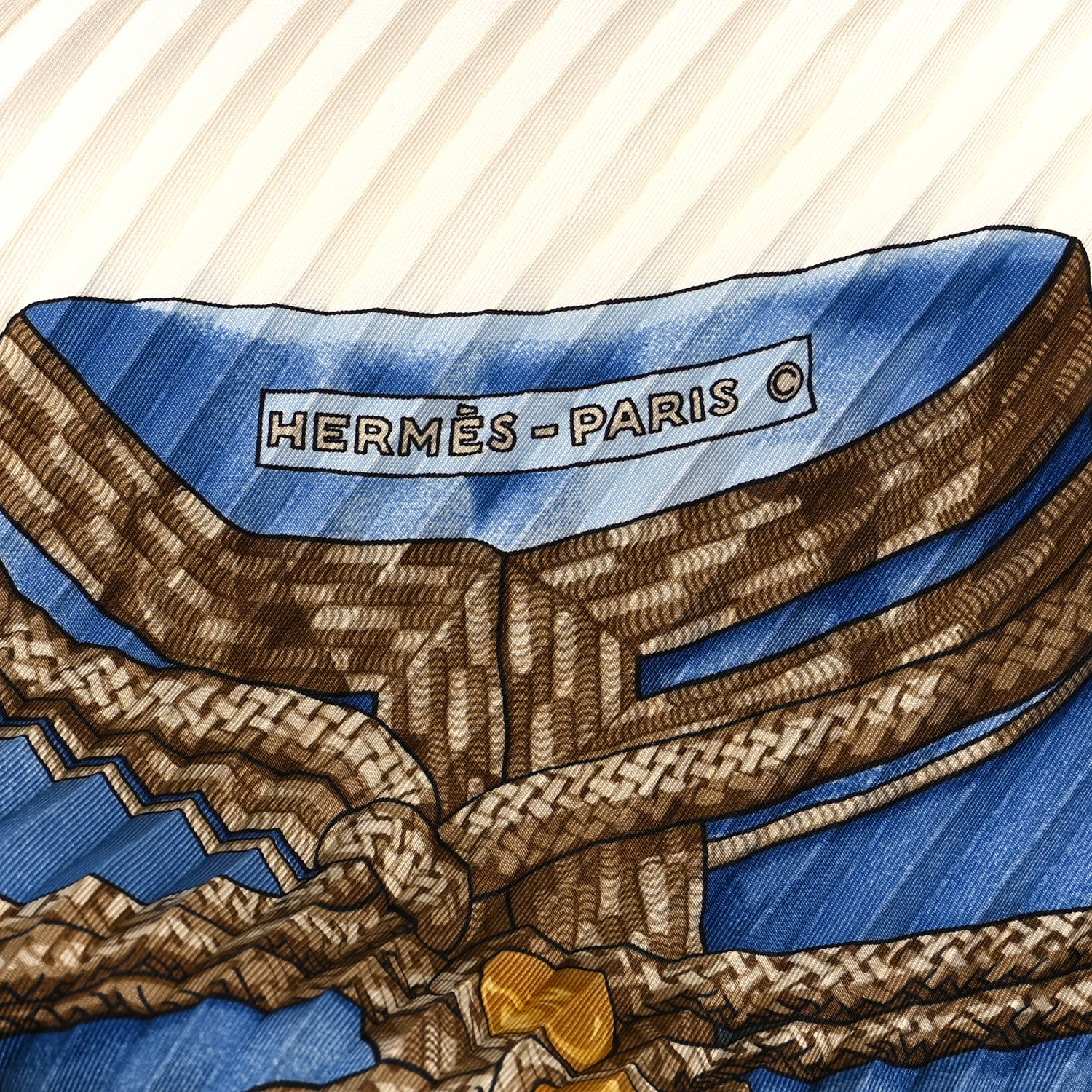 Hermes Silk Plisse Scarf Brandebourgs 90 Beige White Bleu 3 of 4