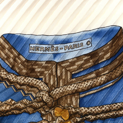 Hermes Silk Plisse Scarf Brandebourgs 90 Beige White Bleu 3 of 4