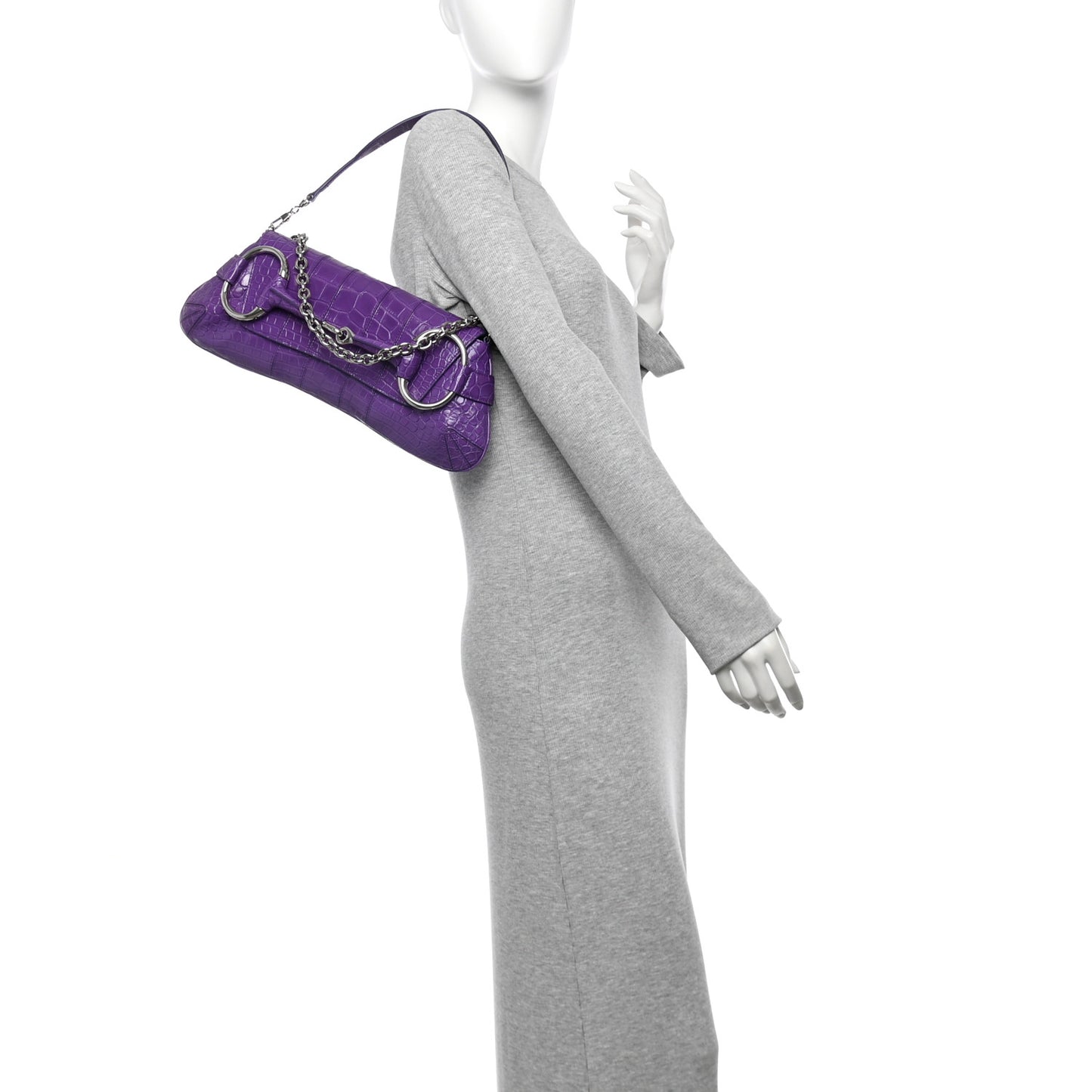 Alligator Embossed Medium Maxi Horsebit Chain Shoulder Bag Purple