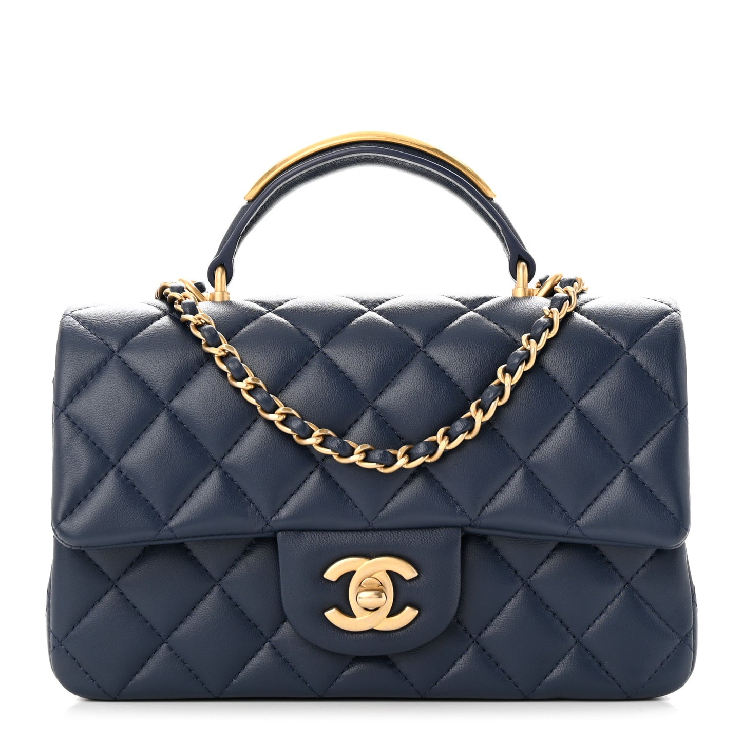 Lambskin Quilted Mini Metal Top Handle Rectangular Flap Blue