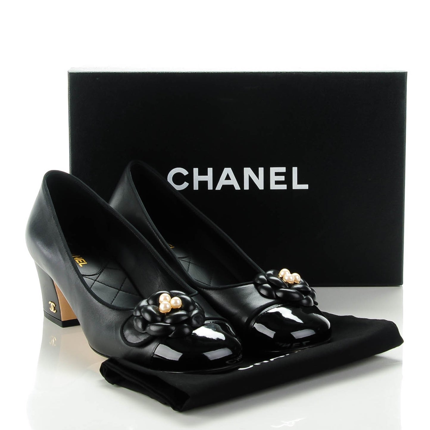 Lambskin Patent Calfskin Pearl Camellia Cap Toe Pumps 37.5 Black