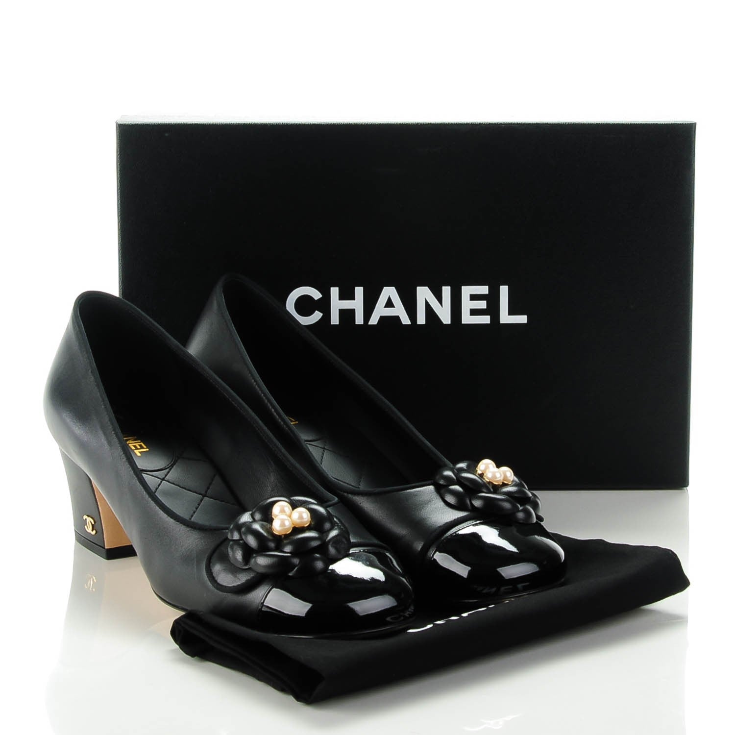 Chanel Lambskin Patent Calfskin Pearl Camellia Cap Toe Pumps 37.5 Black 5 of 8