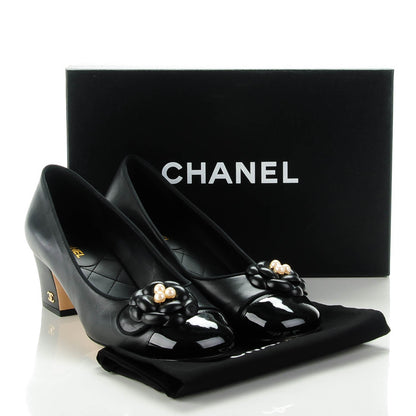 Chanel Lambskin Patent Calfskin Pearl Camellia Cap Toe Pumps 37.5 Black 5 of 8