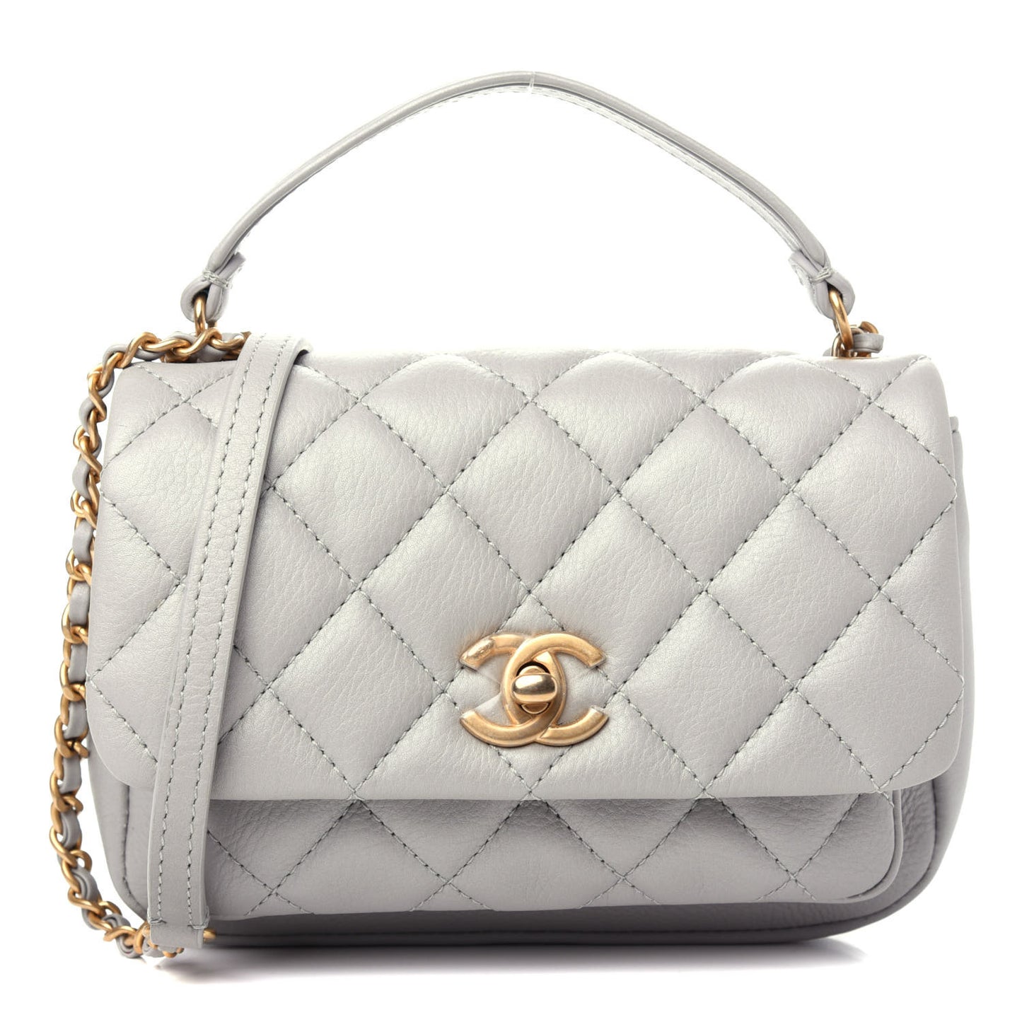 Calfskin Quilted Top Handle Flap Light Grey