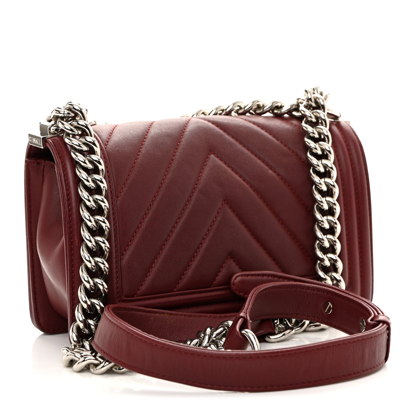 Calfskin Chevron Quilted Small Boy Flap Burgundy