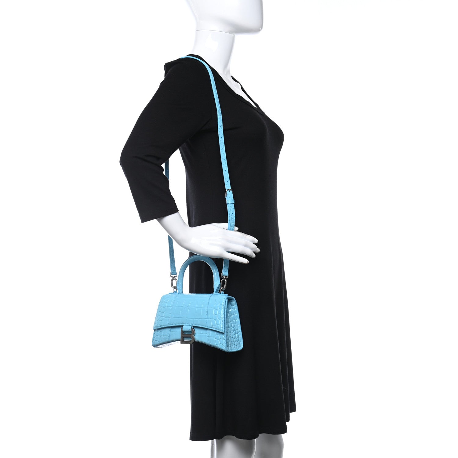 Balenciaga Shiny Calfskin Crocodile Embossed Hourglass Top Handle Bag XS Azur 2 of 11