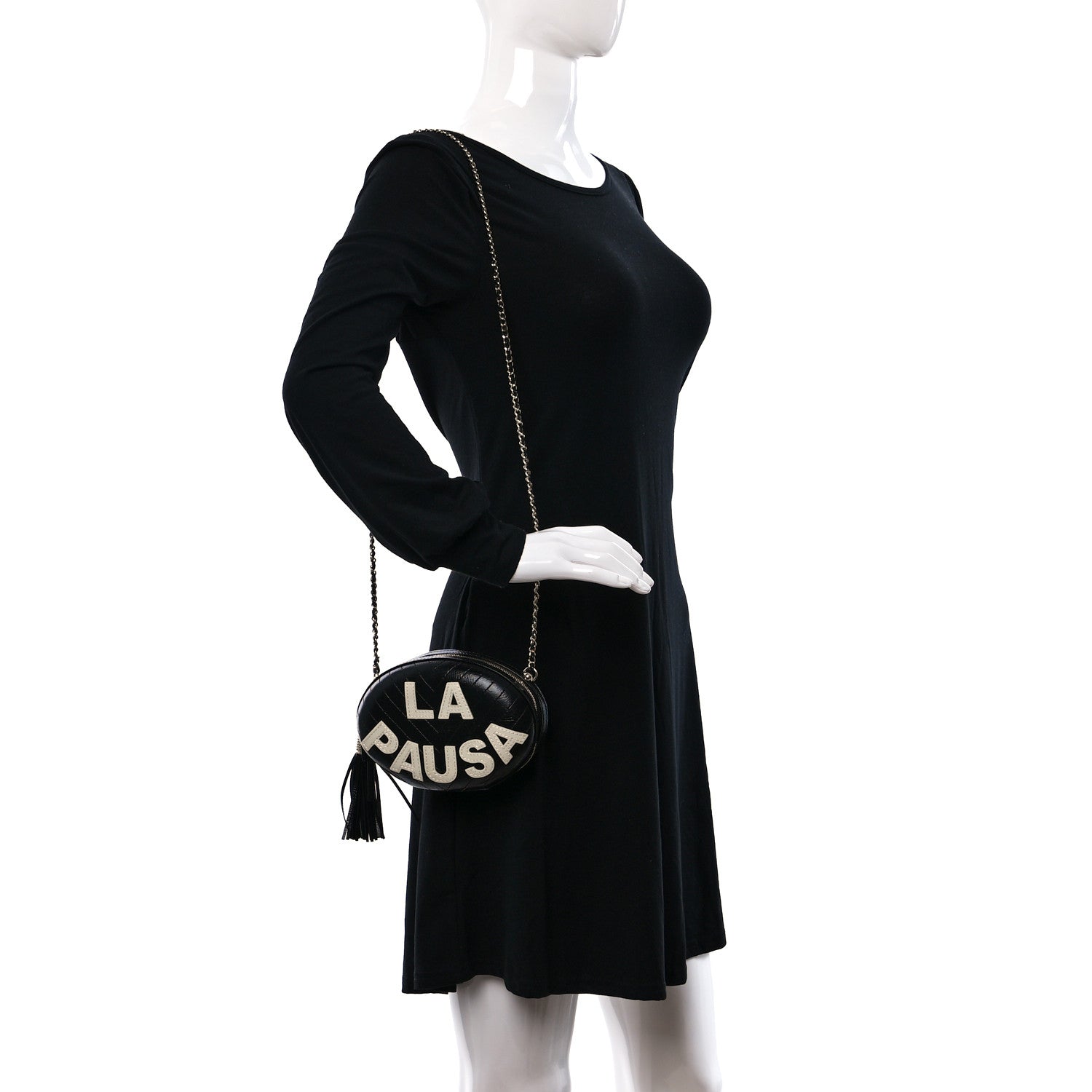 Chanel Lambskin Embroidered Chevron Quilted La Pausa Tassel Clutch Black 2 of 9