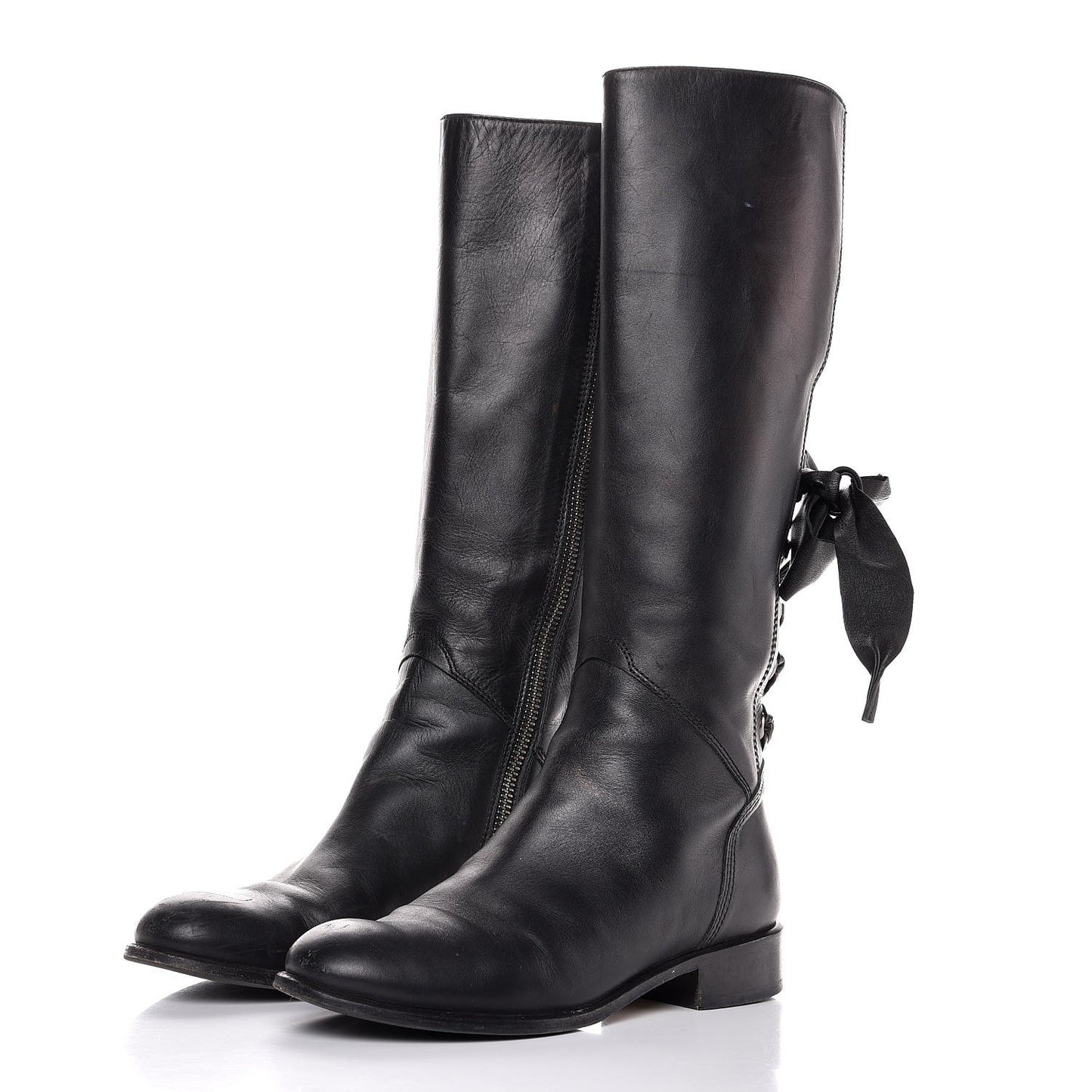 Nappa Ascot Ribbon Lace Up Riding Boots 37 Black