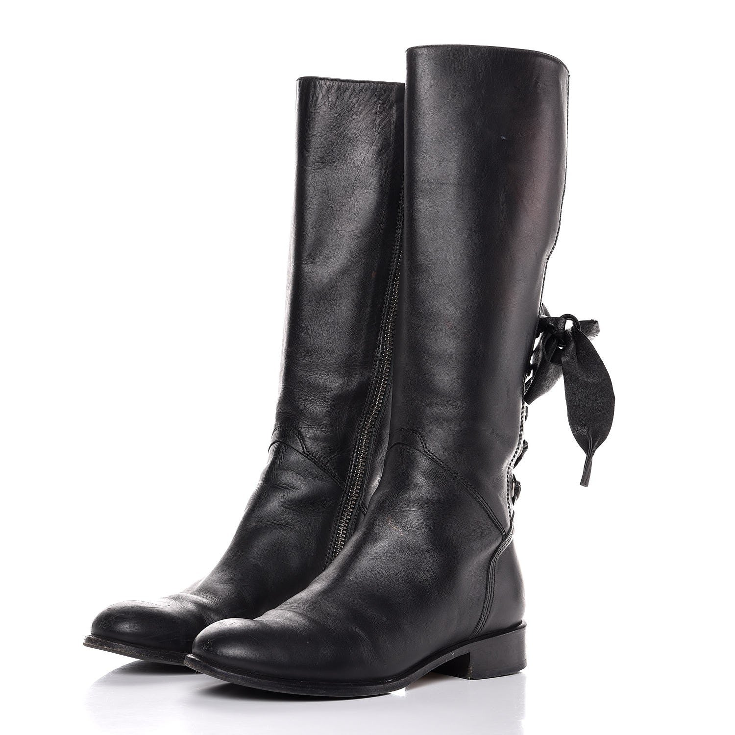 Valentino Garavani Nappa Ascot Ribbon Lace Up Riding Boots 37 Black 3 of 11