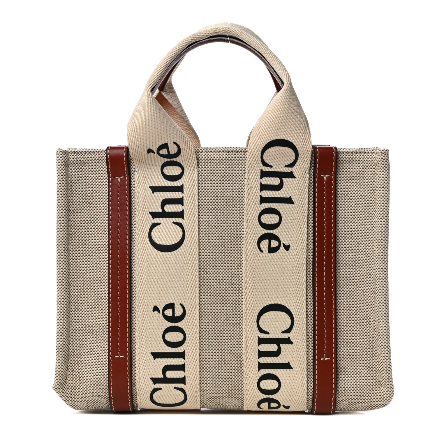 Chloe Cotton Calfskin Small Woody Ribbon Tote White Brown 1 of 10