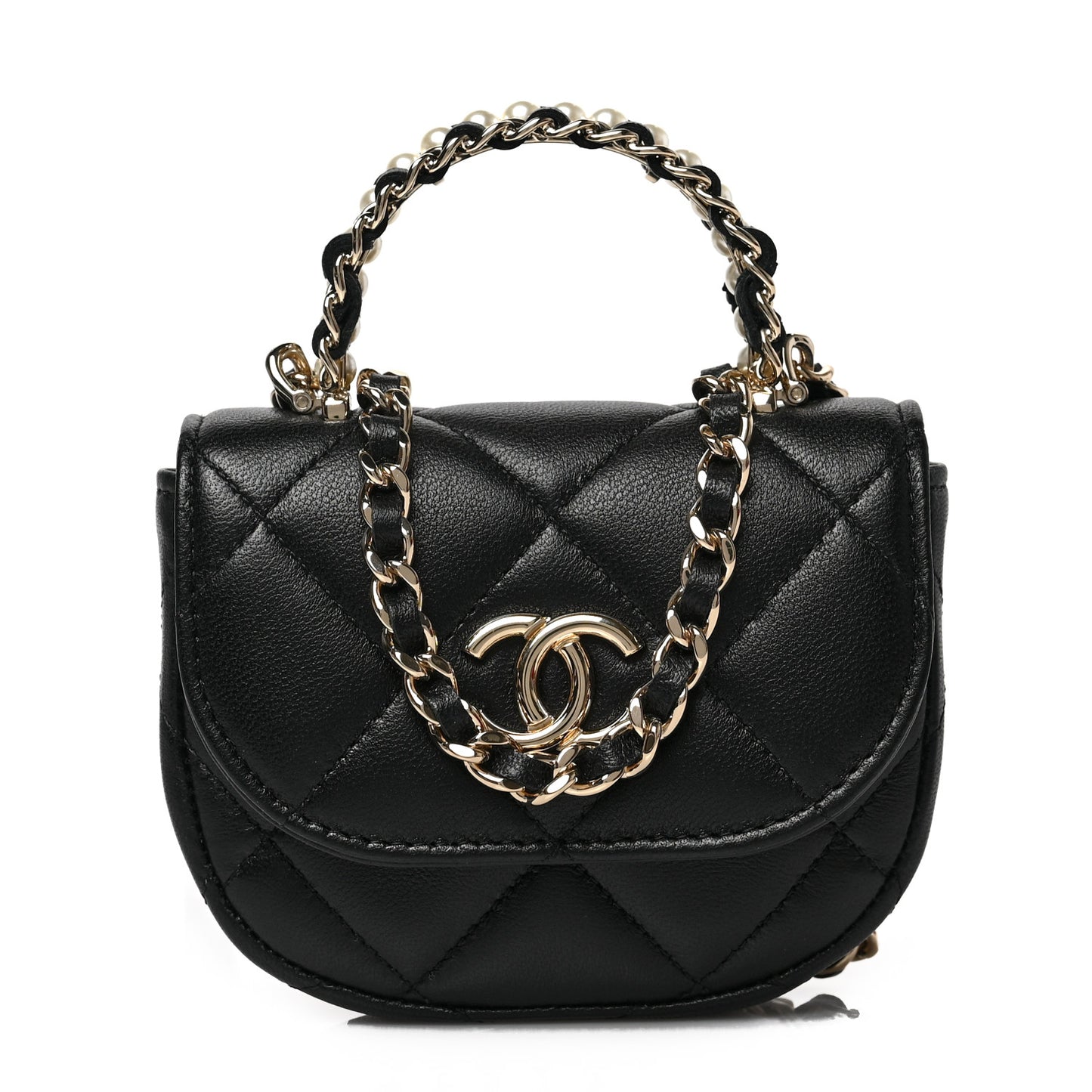 Lambskin Quilted Pearl Top Handle Clutch With Chain Black