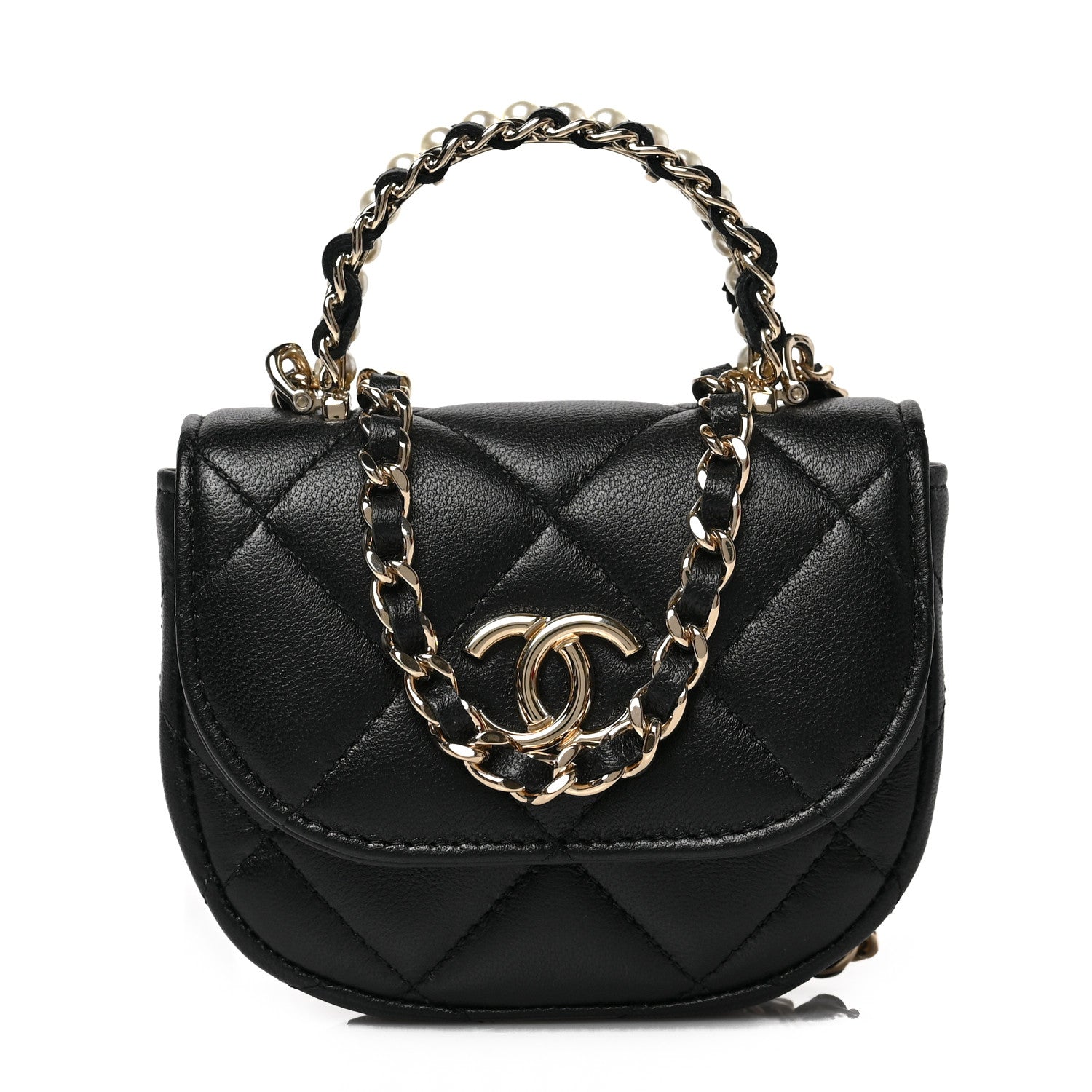 Chanel Lambskin Quilted Pearl Top Handle Clutch With Chain Black 1 of 11
