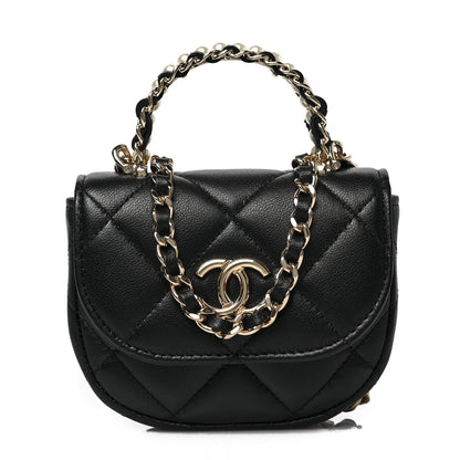 Chanel Lambskin Quilted Pearl Top Handle Clutch With Chain Black 1 of 11
