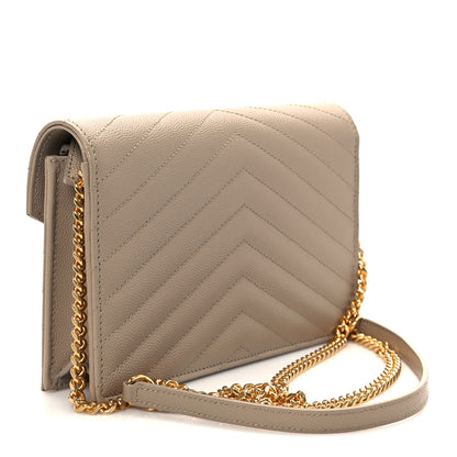 Saint Laurent Grain De Poudre Matelasse Chevron Monogram Envelope Chain Wallet Dark Beige 5 of 19