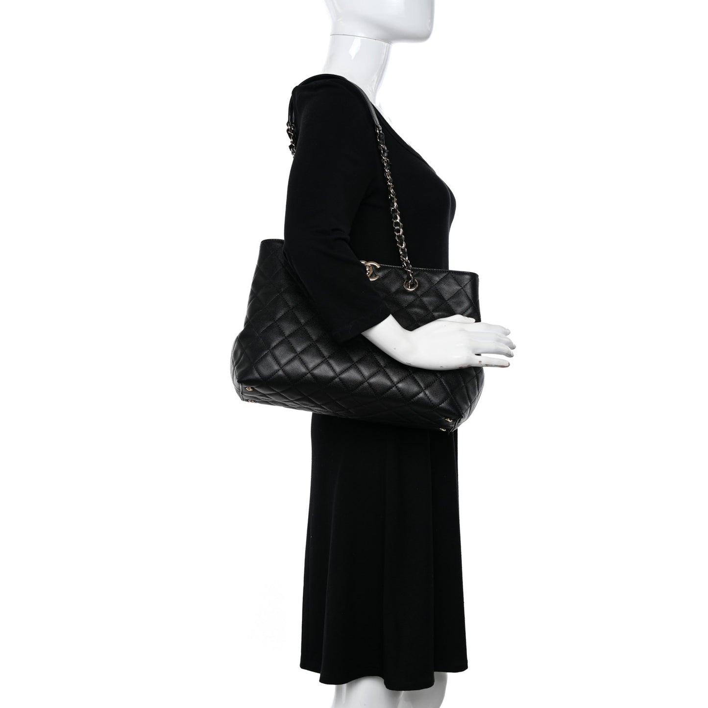 Caviar Quilted Small Shopping Tote Black