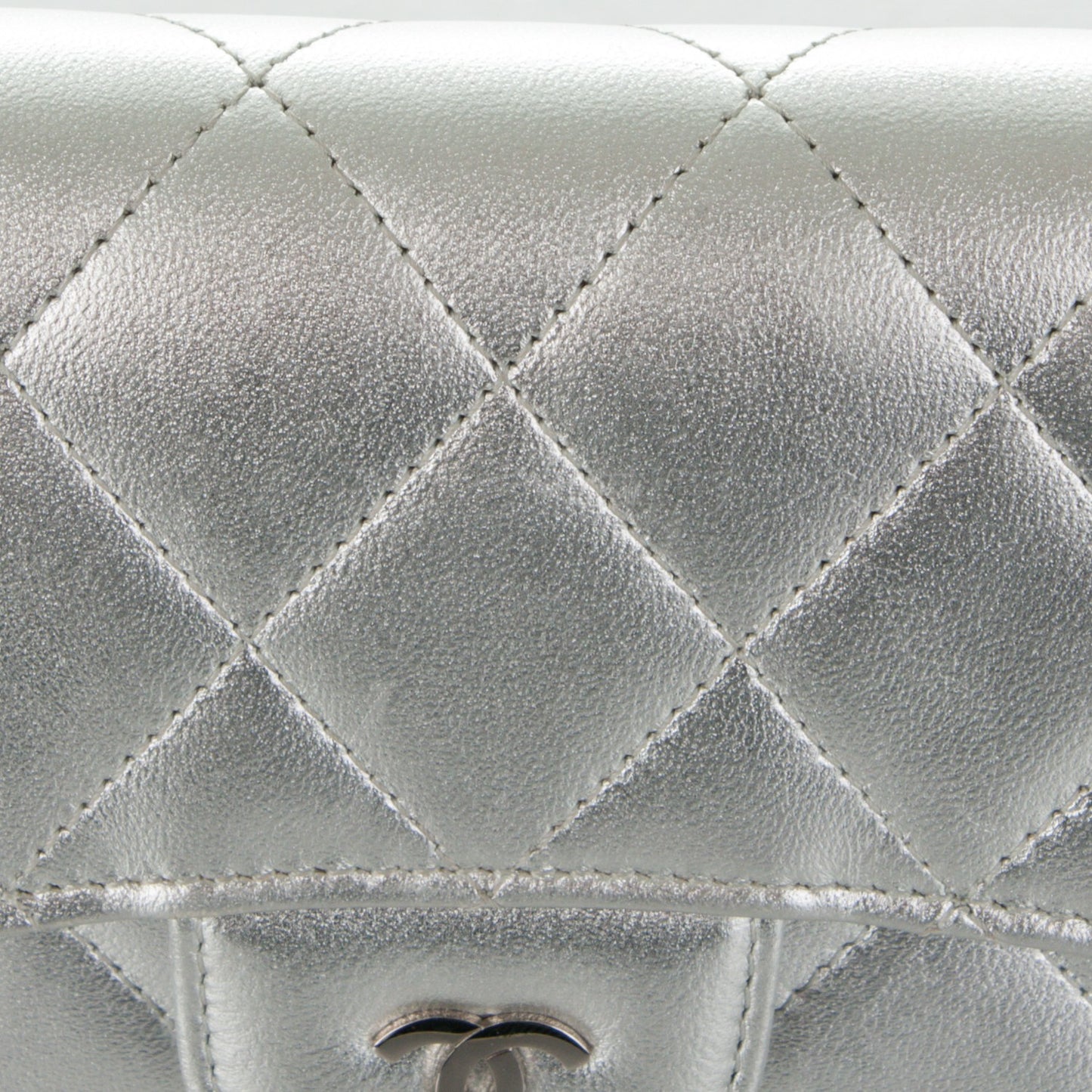 Metallic Lambskin Quilted Large Flap Wallet Silver