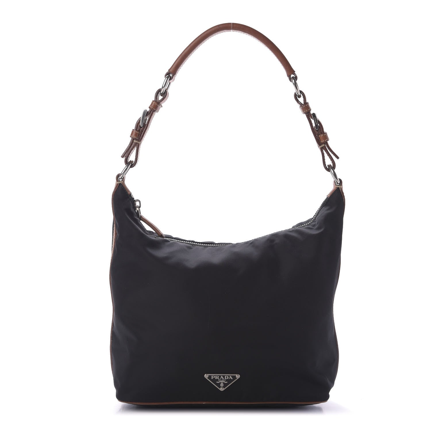Prada Tessuto Nylon Calfskin Hobo Black Brown 1 of 9