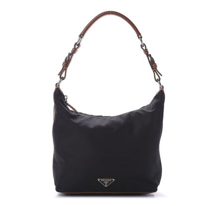 Prada Tessuto Nylon Calfskin Hobo Black Brown 1 of 9
