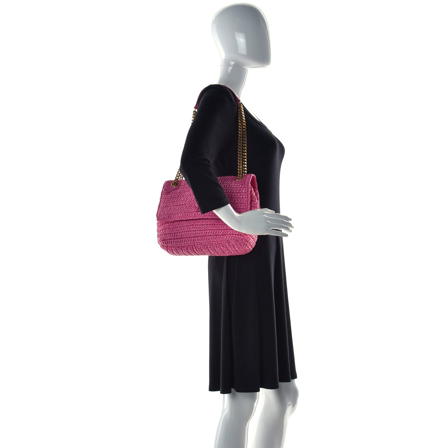Raffia Calfskin Monogram Medium Niki Chain Satchel Bright Pink