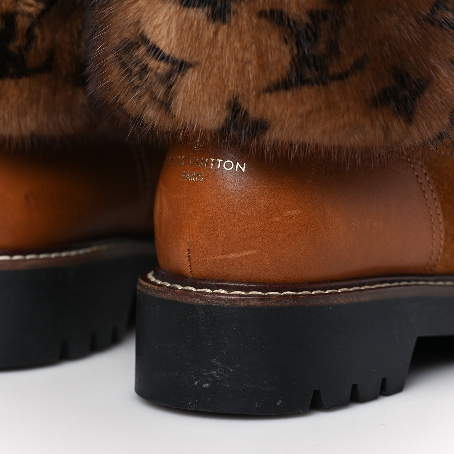 Calfskin Mink Fur LV Territory Ranger Combat Boots 38 Brown