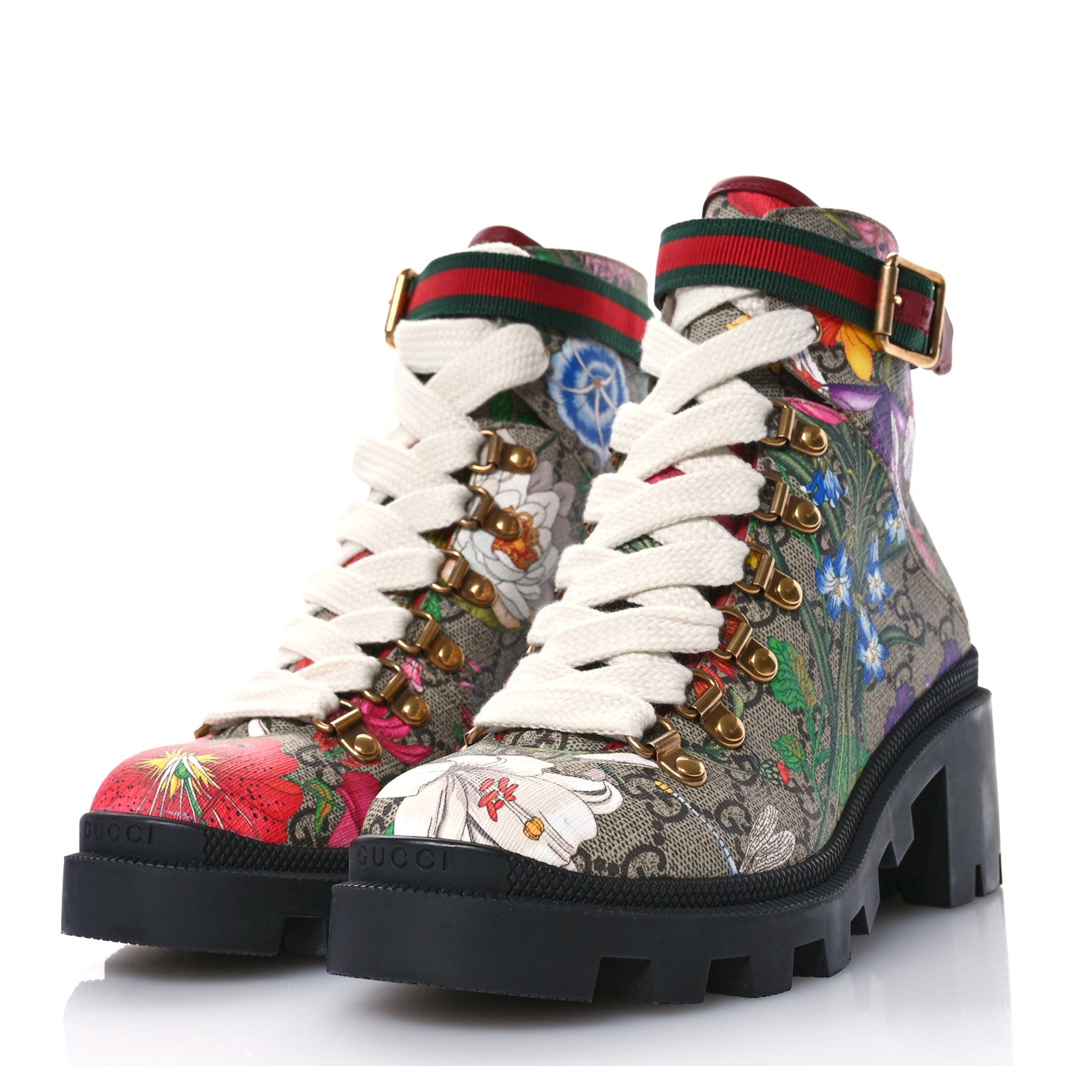 Gucci GG Supreme Monogram Flora Lace Up Combat Ankle Boots 35.5 Beige Multicolor Red 4 of 10