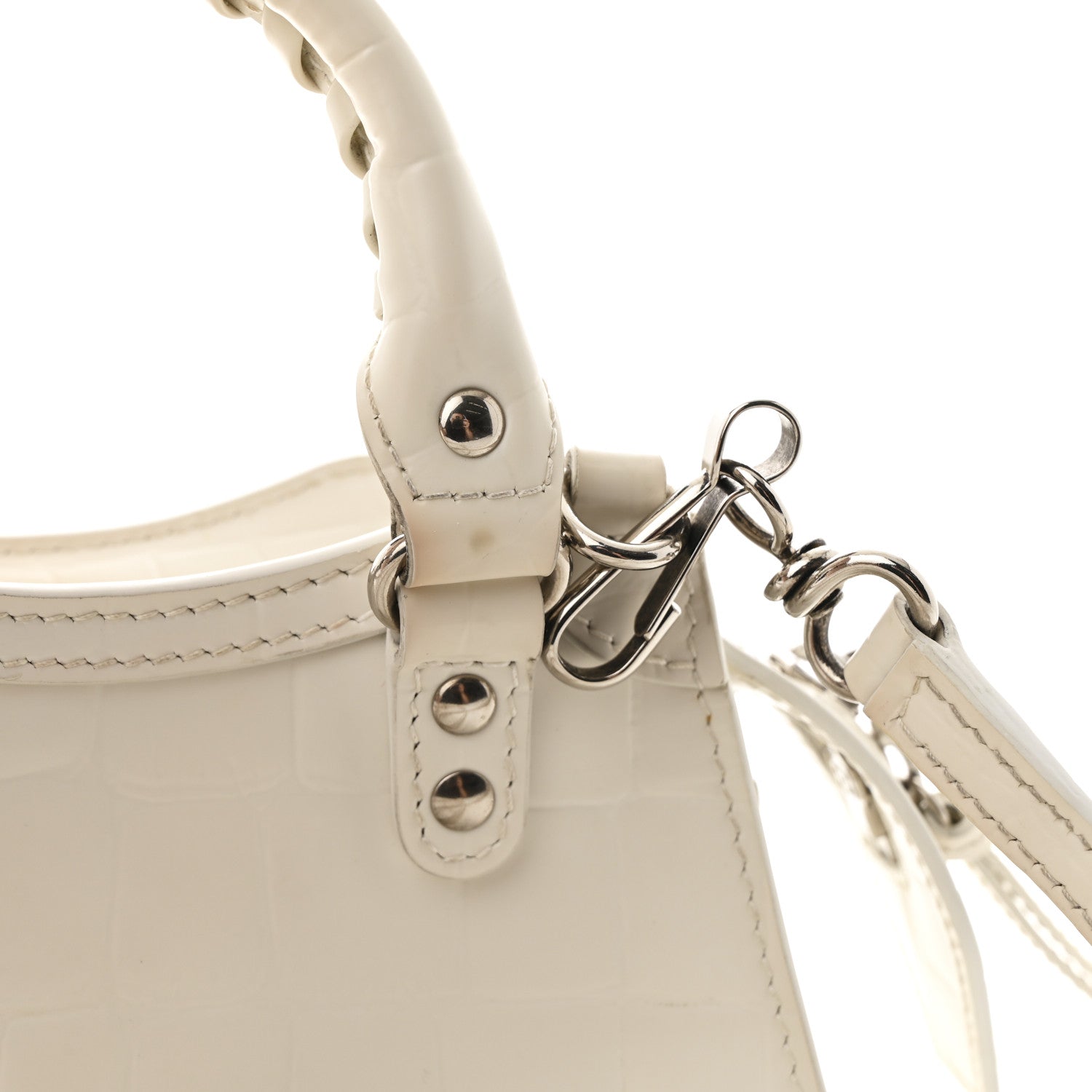 Balenciaga Semi Shiny Calfskin Crocodile Embossed Neo Classic Silver Hardware Nano City Crossbody White 12 of 13