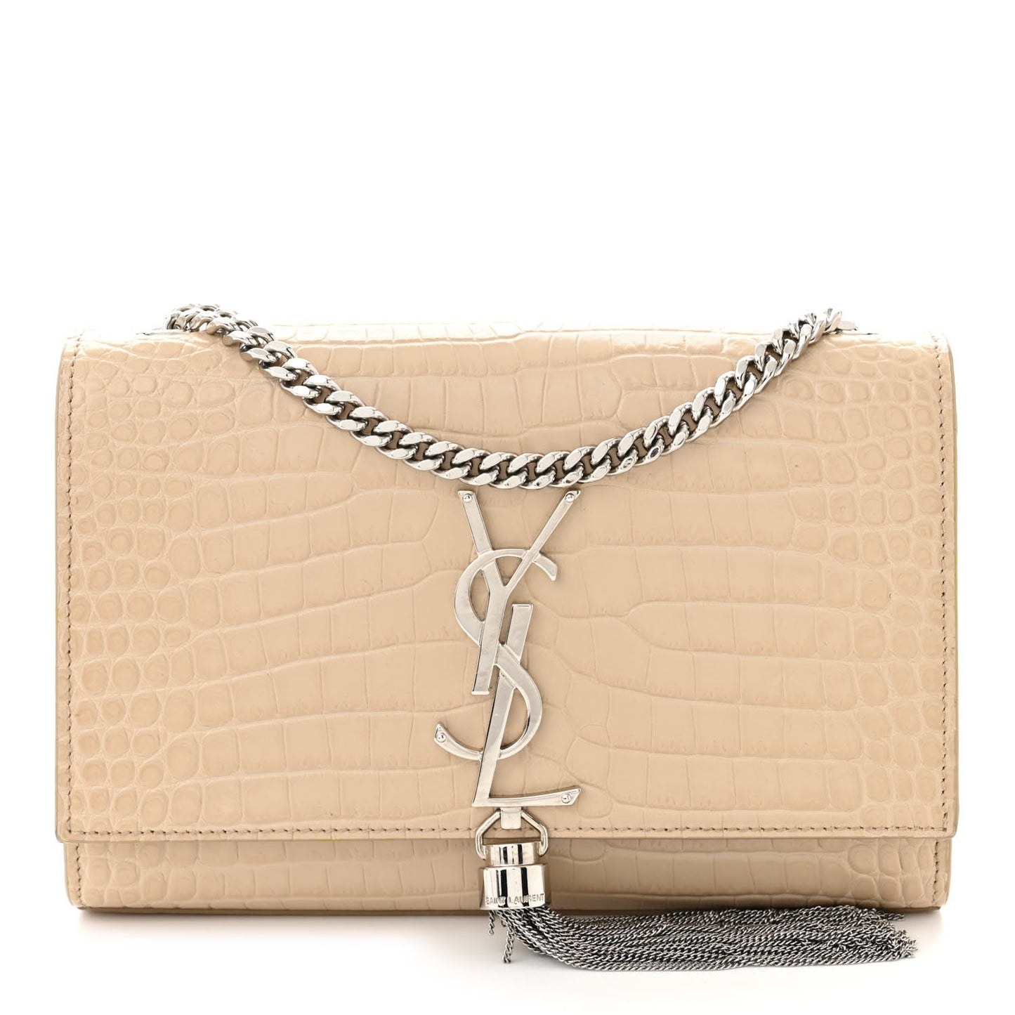 Calfskin Crocodile Embossed Small Classic Monogram Kate Tassel Satchel Nude Powder