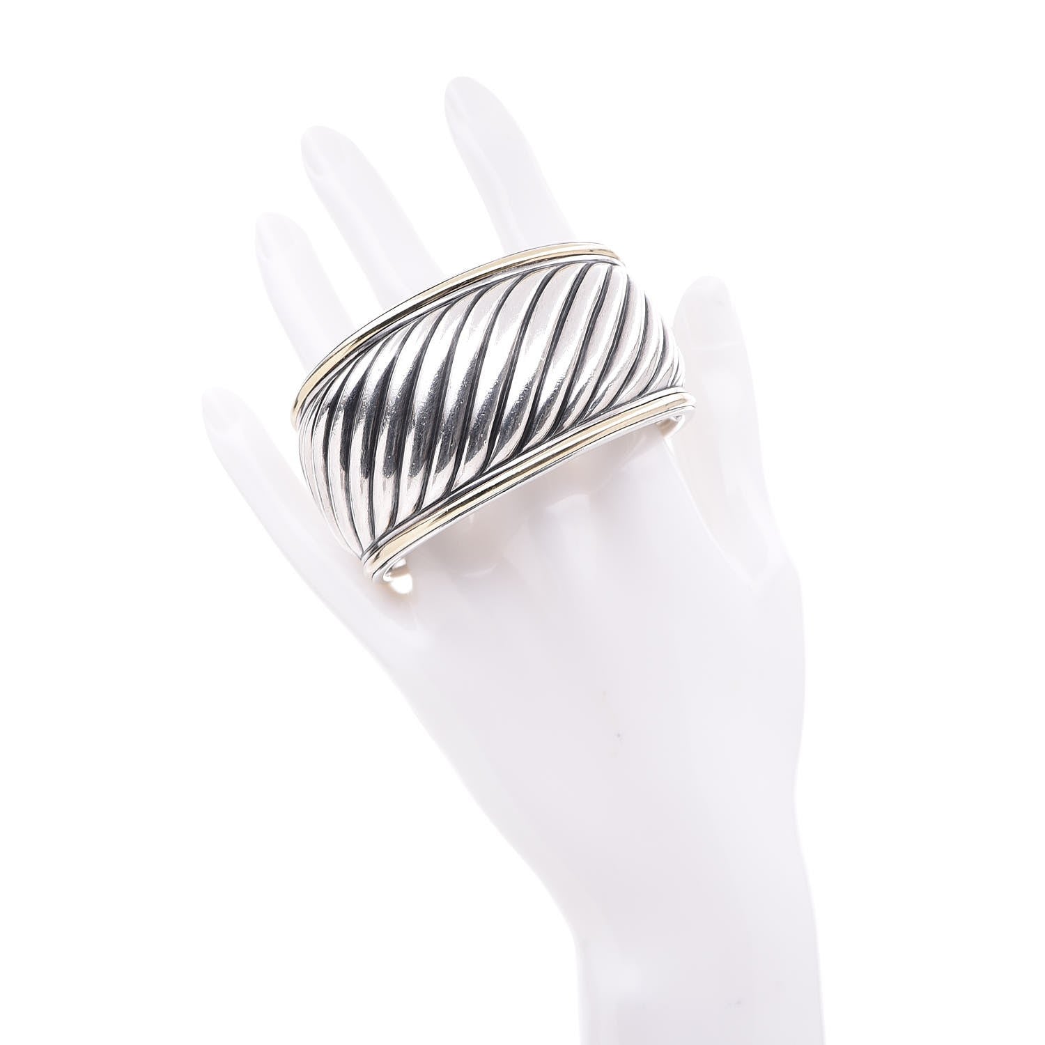 David Yurman Sterling Silver 18K Yellow Gold 41mm Sculpted Cable Cuff Bracelet 6 of 8