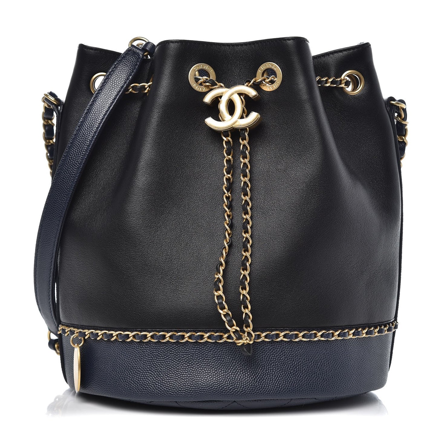 Grained Calfskin Lambskin CC Drawstring Bag Black Dark Blue