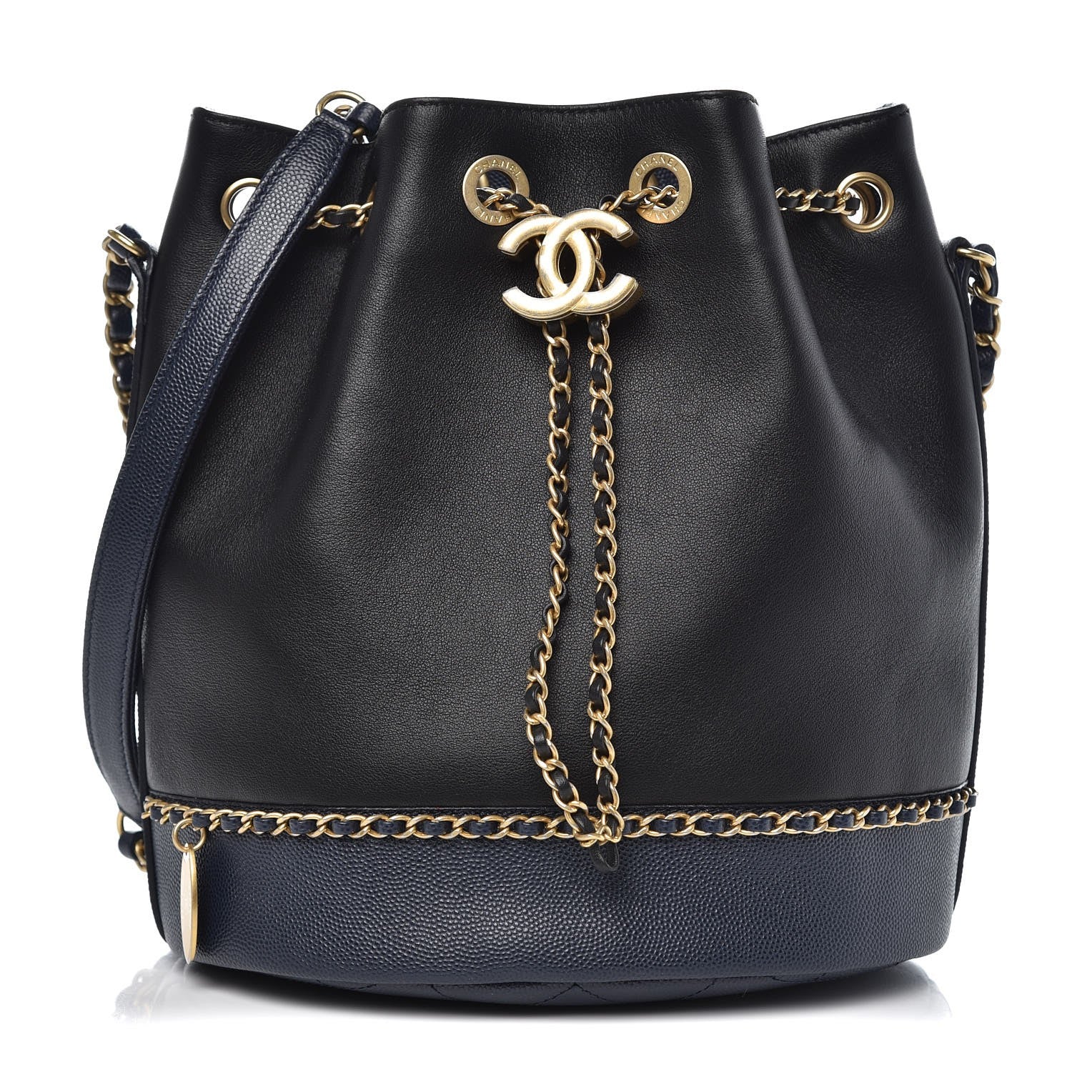 Chanel Grained Calfskin Lambskin CC Drawstring Bag Black Dark Blue 1 of 8