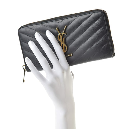 Saint Laurent Grain De Poudre Matelasse Chevron Monogram Zip Around Wallet Grey 2 of 17