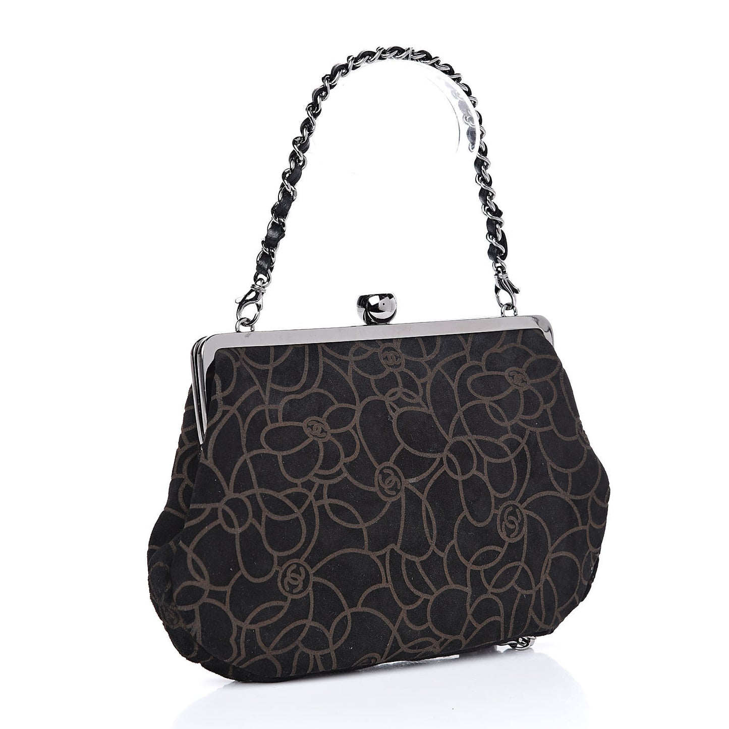 Suede Camellia Embossed Clutch Bag Black