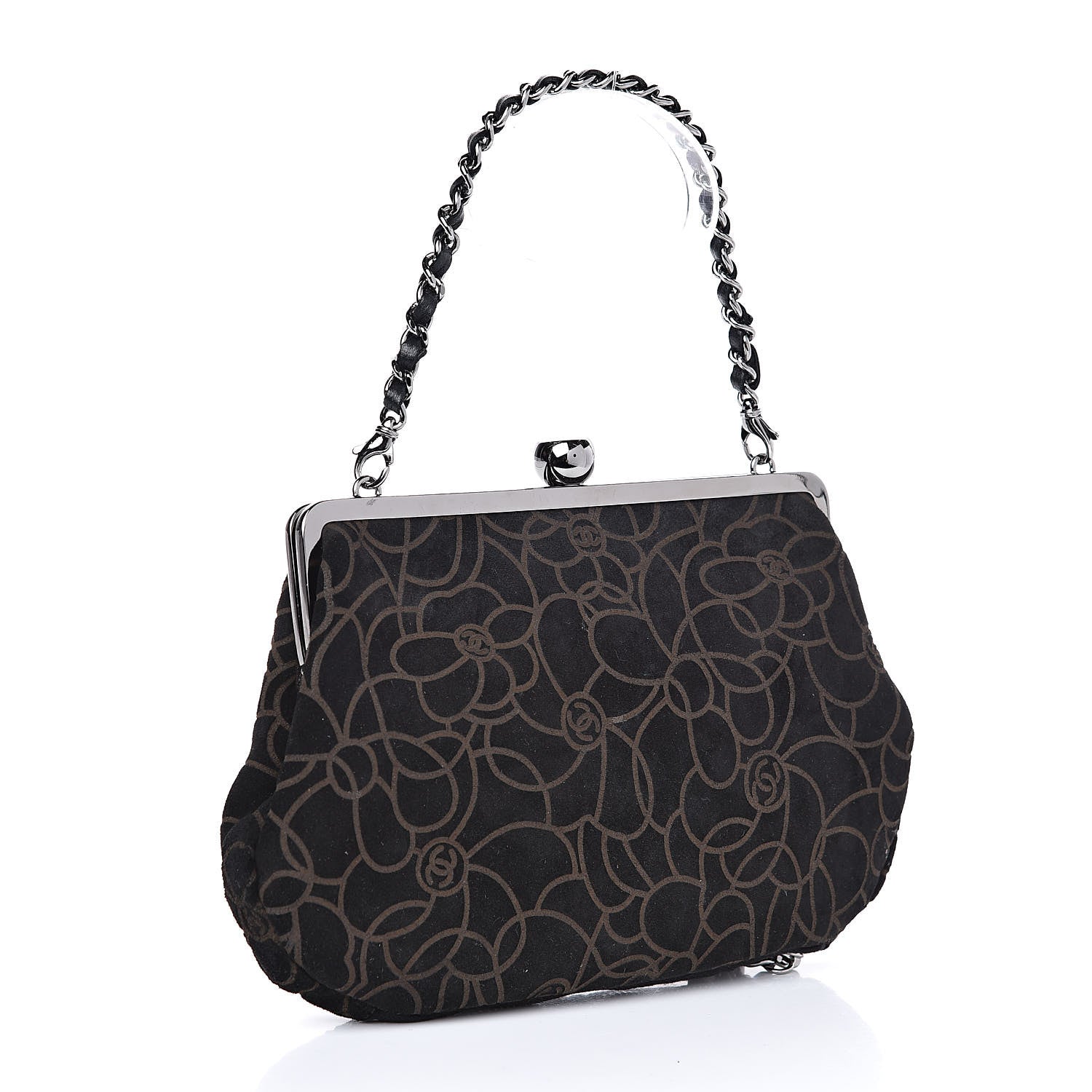 Chanel Suede Camellia Embossed Clutch Bag Black 3 of 9