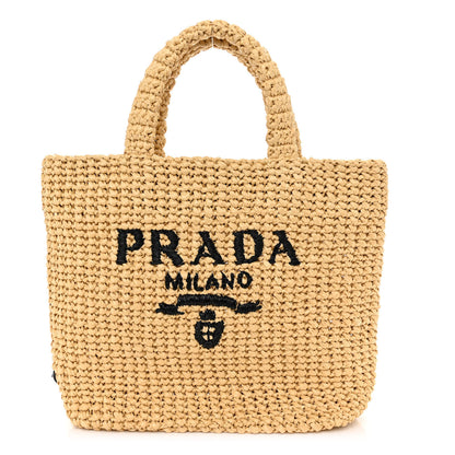 Prada Yarn Raffia Effect Crochet Embroidered Small Logo Tote Naturale 1 of 9