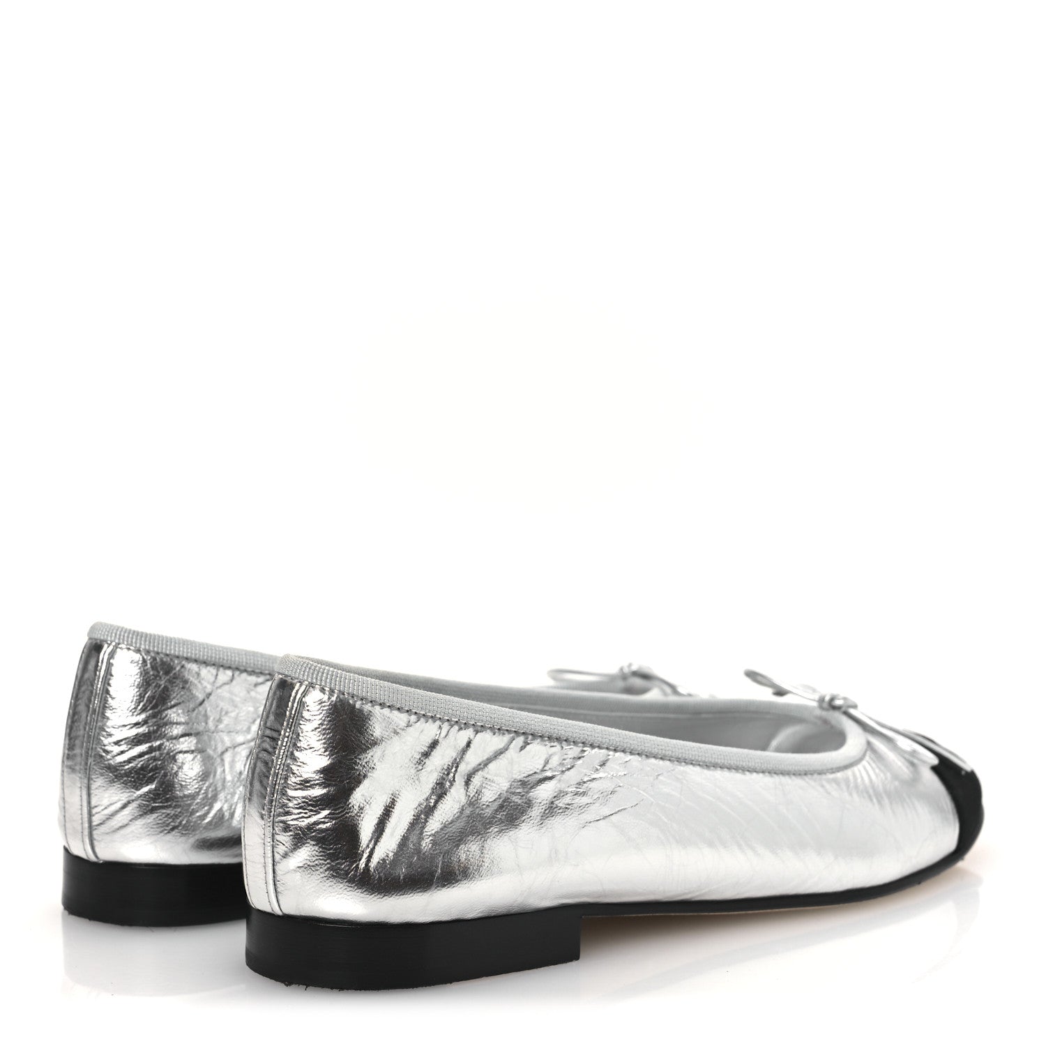 Chanel Laminated Crumpled Lambskin Grosgrain Cap Toe CC Ballerina Flats 36.5 Silver Black 4 of 12