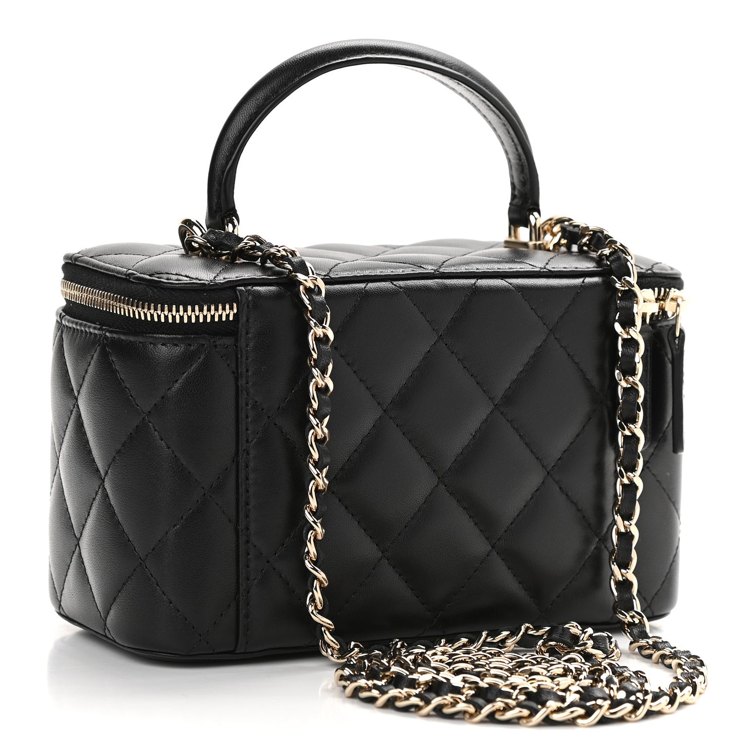 Lambskin Quilted Small Top Handle Vanity Case With Chain Black