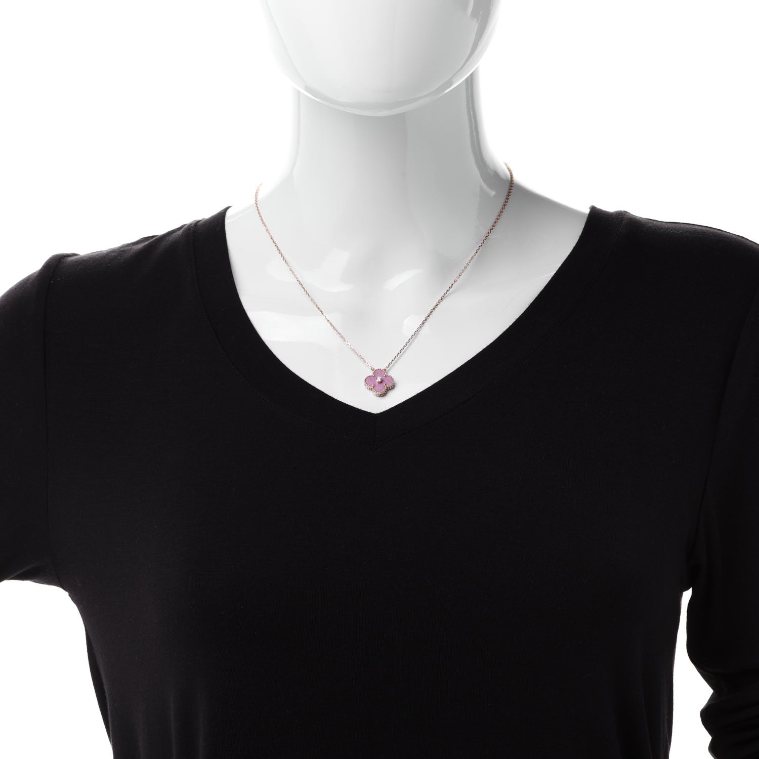 Van Cleef & Arpels 18K Rose Gold Diamond Rhodonite Vintage Alhambra Pendant Necklace 2 of 7