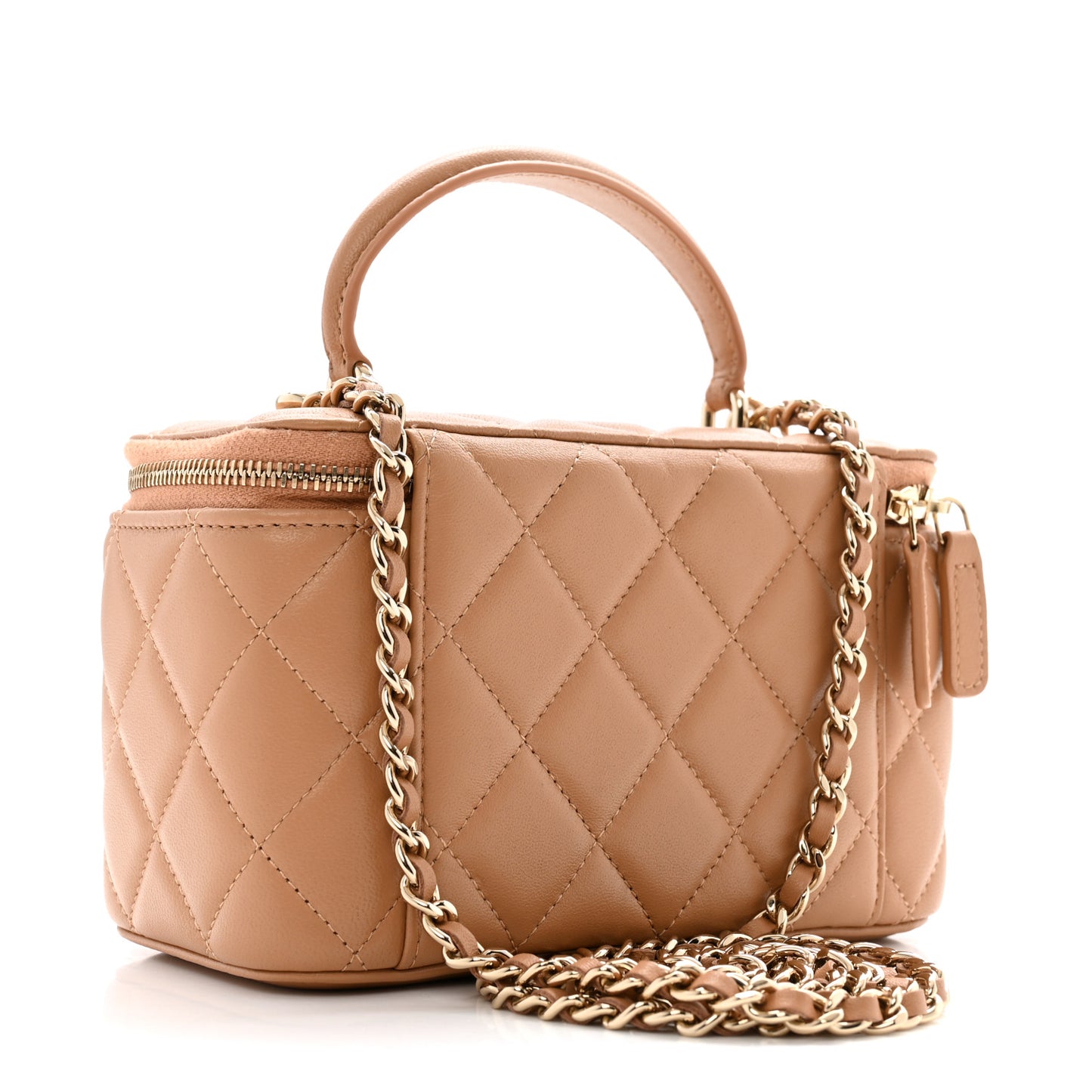 Lambskin Quilted Small Top Handle Vanity Case With Chain Beige