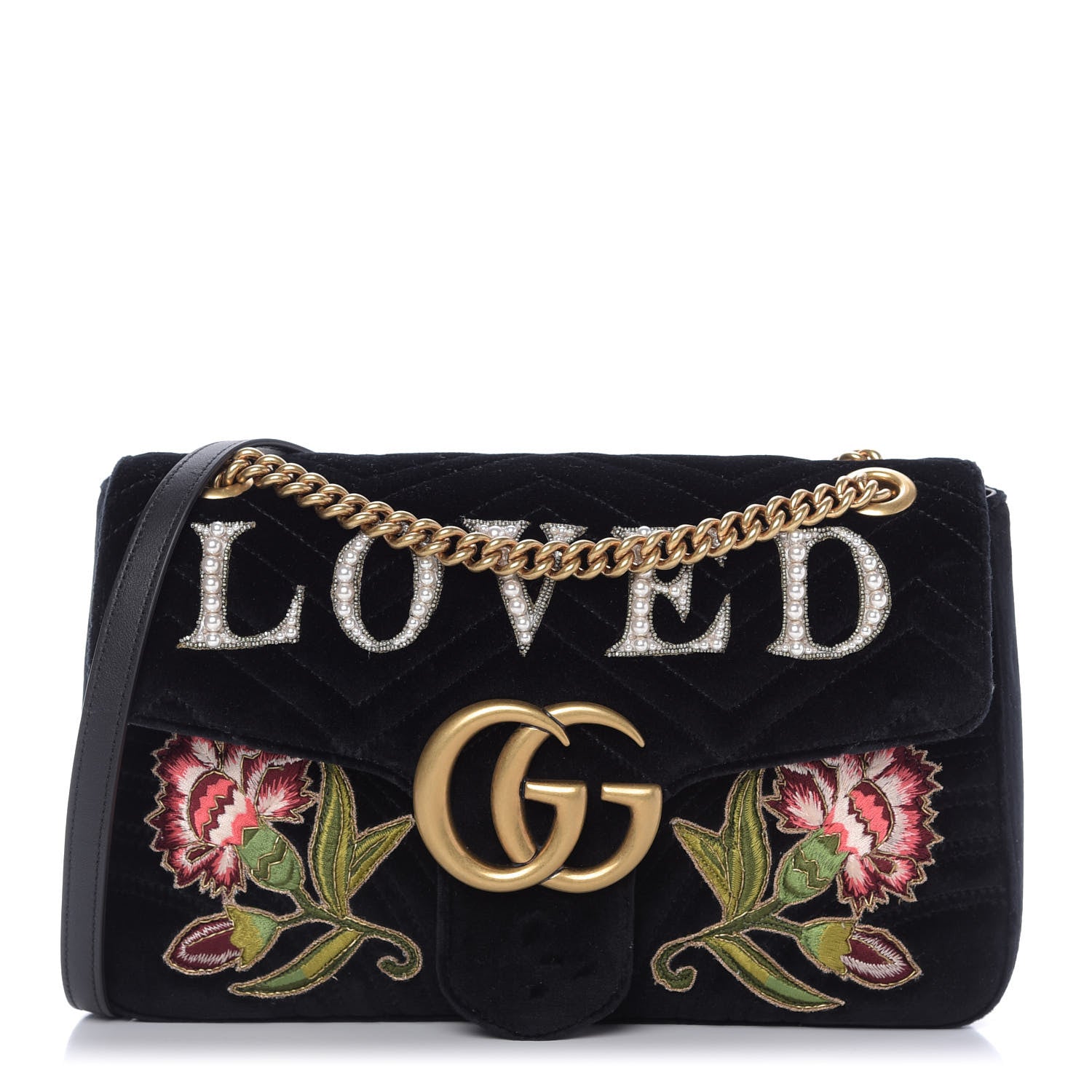 Gucci Velvet Matelasse Loved Embroidered Medium GG Marmont Shoulder Bag Black 1 of 10